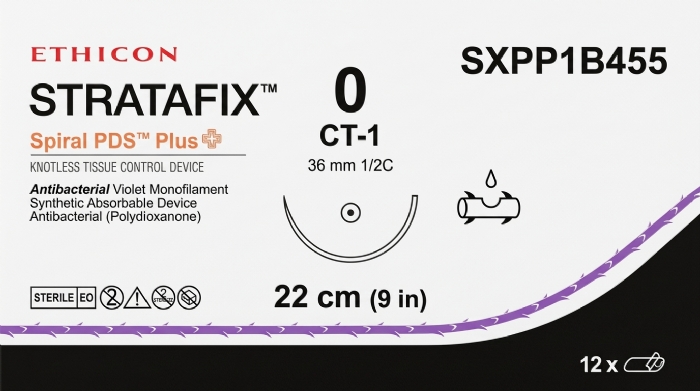 Ethicon STRATAFIX™ Spiral PDS™ Plus Antibacterial (Polydioxanone) Absorbable Barbed Suture – USP 0 – 9 in (22 cm) – Violet – CT-1 Taper Point Needle (36 mm) – SXPP1B455 (Box of 12)