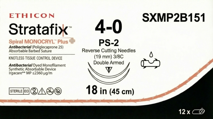 Ethicon STRATAFIX™ Spiral MONOCRYL™ Plus Antibacterial (Poliglecaprone 25) Absorbable Barbed Suture – USP 4-0 – 18 in (45 cm) – Violet – Double Armed PS-2 Reverse Cutting Needles (19 mm) – SXMP2B151 (Box of 12)