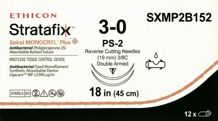 Ethicon STRATAFIX™ Spiral MONOCRYL™ Plus Antibacterial (Poliglecaprone 25) Absorbable Barbed Suture – USP 3-0 – 18 in (45 cm) – Violet – Double Armed PS-2 Reverse Cutting Needles (19 mm) – SXMP2B152 (Box of 12)