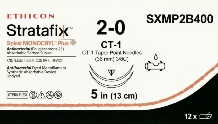 Ethicon STRATAFIX™ Spiral MONOCRYL™ Plus Antibacterial (Poliglecaprone 25) Absorbable Barbed Suture – USP 2-0 – 5 in (13 cm) – Undyed – Double Armed CT-1 Taper Point Needles (36 mm) – SXMP2B400 (Box of 12)