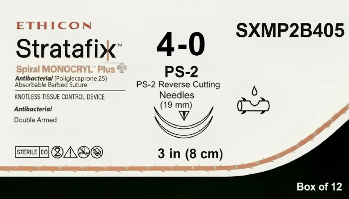 Ethicon STRATAFIX™ Spiral MONOCRYL™ Plus Antibacterial (Poliglecaprone 25) Absorbable Barbed Suture – USP 4-0 – 3 in (8 cm) – Undyed – Double Armed PS-2 Reverse Cutting Needles (19 mm) – SXMP2B405 (Box of 12)
