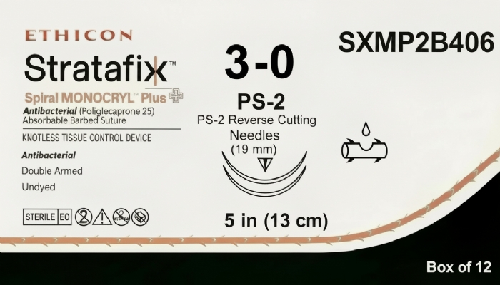 Ethicon STRATAFIX™ Spiral MONOCRYL™ Plus Antibacterial (Poliglecaprone 25) Absorbable Barbed Suture – USP 3-0 – 5 in (13 cm) – Undyed – Double Armed PS-2 Reverse Cutting Needles (19 mm) – SXMP2B406 (Box of 12)
