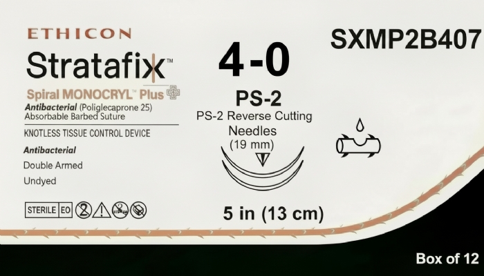 Ethicon STRATAFIX™ Spiral MONOCRYL™ Plus Antibacterial (Poliglecaprone 25) Absorbable Barbed Suture – USP 4-0 – 5 in (13 cm) – Undyed – Double Armed PS-2 Reverse Cutting Needles (19 mm) – SXMP2B407 (Box of 12)