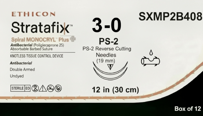 Ethicon STRATAFIX™ Spiral MONOCRYL™ Plus Antibacterial (Poliglecaprone 25) Absorbable Barbed Suture – USP 3-0 – 12 in (30 cm) – Undyed – Double Armed PS-2 Reverse Cutting Needles (19 mm) – SXMP2B408 (Box of 12)