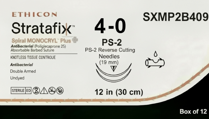Ethicon STRATAFIX™ Spiral MONOCRYL™ Plus Antibacterial (Poliglecaprone 25) Absorbable Barbed Suture – USP 4-0 – 12 in (30 cm) – Undyed – Double Armed PS-2 Reverse Cutting Needles (19 mm) – SXMP2B409 (Box of 12)