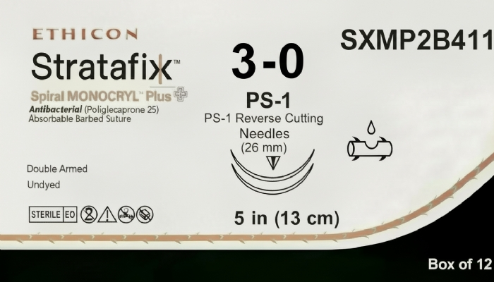 Ethicon STRATAFIX™ Spiral MONOCRYL™ Plus Antibacterial (Poliglecaprone 25) Absorbable Barbed Suture – USP 3-0 – 5 in (13 cm) – Undyed – Double Armed PS Reverse Cutting Needles (26 mm) – SXMP2B411 (Box of 12)