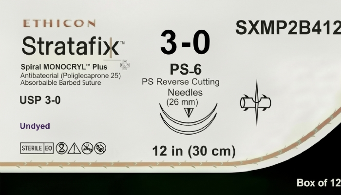 Ethicon STRATAFIX™ Spiral MONOCRYL™ Plus Antibacterial (Poliglecaprone 25) Absorbable Barbed Suture – USP 3-0 – 12 in (30 cm) – Undyed – Double Armed PS Reverse Cutting Needles (26 mm) – SXMP2B412 (Box of 12)