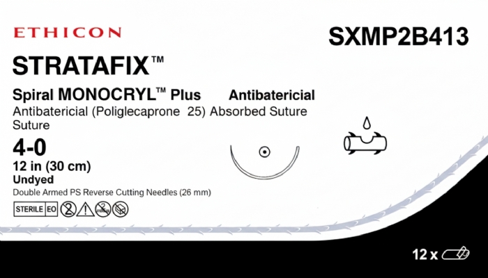 Ethicon STRATAFIX™ Spiral MONOCRYL™ Plus Antibacterial (Poliglecaprone 25) Absorbable Barbed Suture – USP 4-0 – 12 in (30 cm) – Undyed – Double Armed PS Reverse Cutting Needles (26 mm) – SXMP2B413 (Box of 12)