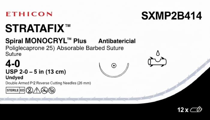 Ethicon STRATAFIX™ Spiral MONOCRYL™ Plus Antibacterial (Poliglecaprone 25) Absorbable Barbed Suture – USP 2-0 – 5 in (13 cm) – Undyed – Double Armed CP-2 Reverse Cutting Needles (26 mm) – SXMP2B414 (Box of 12)