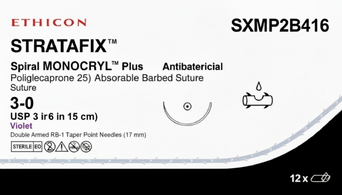 Ethicon STRATAFIX™ Spiral MONOCRYL™ Plus Antibacterial (Poliglecaprone 25) Absorbable Barbed Suture – USP 3-0 – 6 in (15 cm) – Violet – Double Armed RB-1 Taper Point Needles (17 mm) – SXMP2B416 (Box of 12)