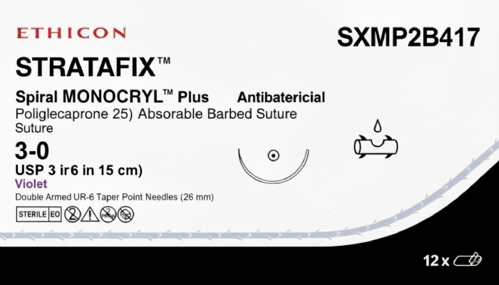 Ethicon STRATAFIX™ Spiral MONOCRYL™ Plus Antibacterial (Poliglecaprone 25) Absorbable Barbed Suture – USP 3-0 – 6 in (15 cm) – Violet – Double Armed UR-6 Taper Point Needles (26 mm) – SXMP2B417 (Box of 12)