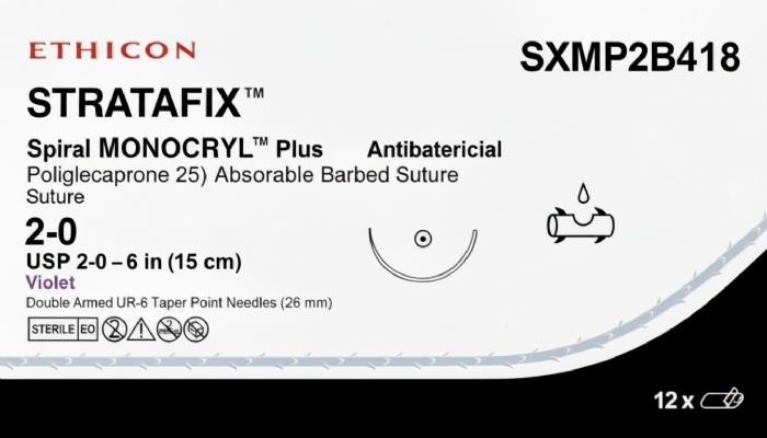 Ethicon STRATAFIX™ Spiral MONOCRYL™ Plus Antibacterial (Poliglecaprone 25) Absorbable Barbed Suture – USP 2-0 – 6 in (15 cm) – Violet – Double Armed UR-6 Taper Point Needles (26 mm) – SXMP2B418 (Box of 12)