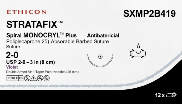 Ethicon STRATAFIX™ Spiral MONOCRYL™ Plus Antibacterial (Poliglecaprone 25) Absorbable Barbed Suture – USP 2-0 – 3 in (8 cm) – Violet – Double Armed SH Taper Point Needles (26 mm) – SXMP2B419 (Box of 12)