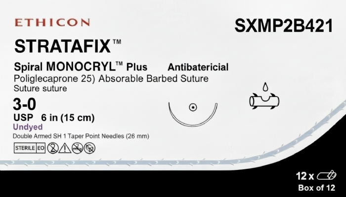 Ethicon STRATAFIX™ Spiral MONOCRYL™ Plus Antibacterial (Poliglecaprone 25) Absorbable Barbed Suture – USP 3-0 – 6 in (15 cm) – Undyed – Double Armed SH Taper Point Needles (26 mm) – SXMP2B421 (Box of 12)