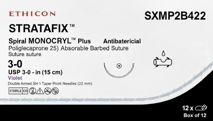 Ethicon STRATAFIX™ Spiral MONOCRYL™ Plus Antibacterial (Poliglecaprone 25) Absorbable Barbed Suture – USP 3-0 – 6 in (15 cm) – Violet – Double Armed SH-1 Taper Point Needles (22 mm) – SXMP2B422 (Box of 12)