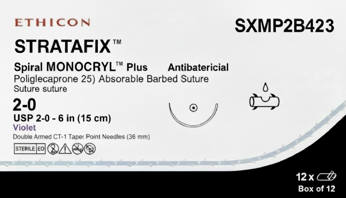 Ethicon STRATAFIX™ Spiral MONOCRYL™ Plus Antibacterial (Poliglecaprone 25) Absorbable Barbed Suture – USP 2-0 – 6 in (15 cm) – Violet – Double Armed CT-1 Taper Point Needles (36 mm) – SXMP2B423 (Box of 12)