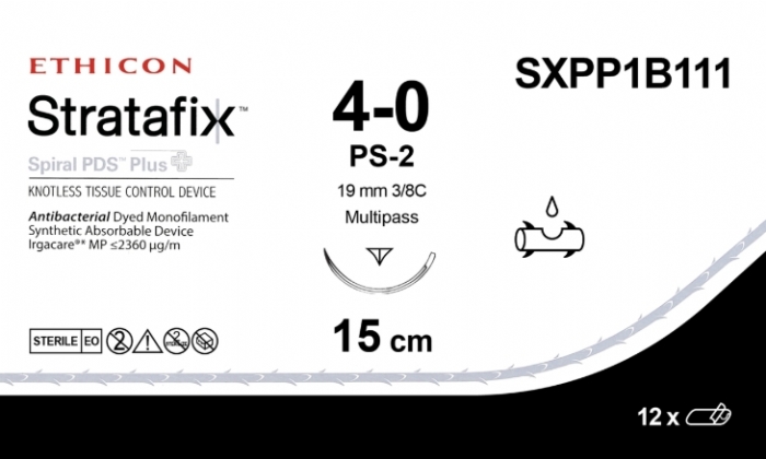 Ethicon STRATAFIX™ Spiral PDS™ Plus Antibacterial (Polydioxanone) Absorbable Barbed Suture – USP 4-0 – 15 cm (6 in) – Violet – PS-2 PRIME MP Reverse Cutting Needle (19 mm) – SXPP1B111 (Box of 12)