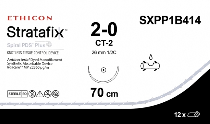 Ethicon STRATAFIX™ Spiral PDS™ Plus Antibacterial (Polydioxanone) Absorbable Barbed Suture – USP 2-0 – 70 cm – Violet – CT-2 Taper Point Needle (26 mm) – SXPP1B414 (Box of 12)