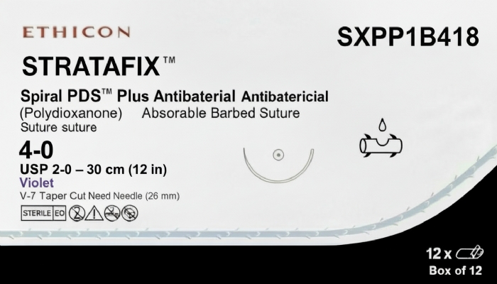 Ethicon STRATAFIX™ Spiral PDS™ Plus Antibacterial (Polydioxanone) Absorbable Barbed Suture – USP 2-0 – 30 cm (12 in) – Violet – V-7 Taper Cut Needle (26 mm) – SXPP1B418 (Box of 12)