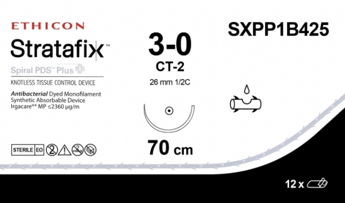 Ethicon STRATAFIX™ Spiral PDS™ Plus Antibacterial (Polydioxanone) Absorbable Barbed Suture – USP 3-0 – 70 cm – Violet – CT-2 Taper Point Needle (26 mm) – SXPP1B425 (Box of 12)