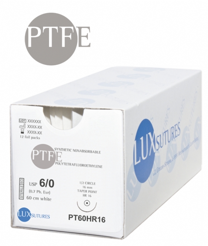 LuxSutures® LuxPTFE Dental Monofilament Non-Absorbable Surgical Suture – USP 3-0 – 60 cm – White – HR20 Taper Point Needle 20 mm – 1/2 Circle – PT30HR20 (Box of 12)