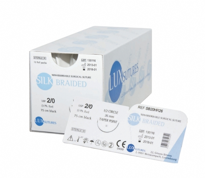 LuxSutures® LuxSilk Braided Non-Absorbable Surgical Suture – USP 2 – 75 cm – Black – DS 37 mm 3/8 Circle Needle – SI02DS37 (Box of 12)