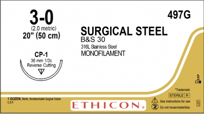 Ethicon Surgical Stainless Steel Non-Absorbable Suture – USP 3-0 – 20in – Silver – CP-1 36mm Reverse Cutting Needle – 497G (Box of 12)
