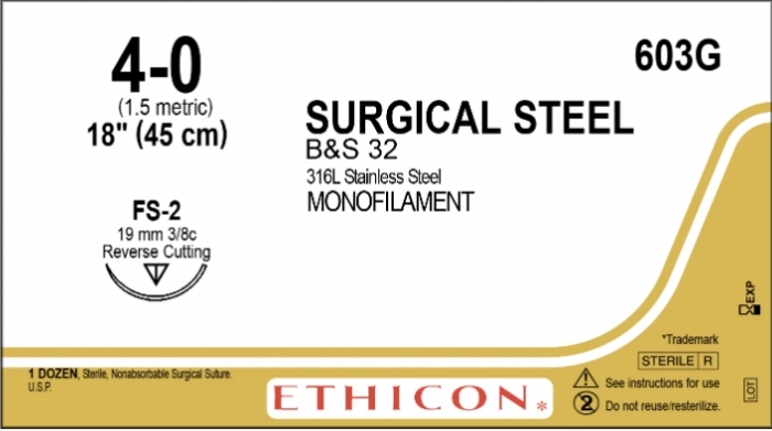 Ethicon Surgical Stainless Steel Non-Absorbable Suture – USP 4-0 – 18in – Silver – FS-2 19mm Reverse Cutting Needle – 603G (Box of 12)