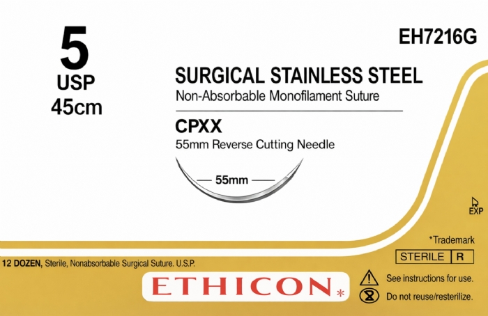Ethicon Surgical Stainless Steel Non-Absorbable Suture – USP 5 – 45cm – Silver – CPXX 55mm Reverse Cutting Needle – EH7216G (Box of 12)