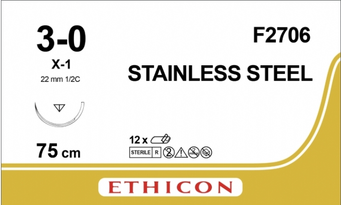 Ethicon Surgical Stainless Steel Non-Absorbable Suture – USP 3-0 – 75cm – Silver – X-1 22mm Reverse Cutting Needle – F2706 (Box of 12)