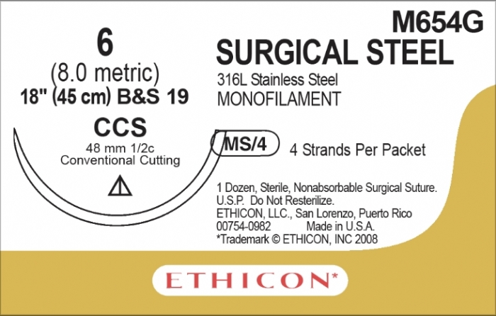 Ethicon Surgical Stainless Steel Non-Absorbable Suture – USP 6 – 4 x 18in – Silver – CCS 48mm Conventional Cutting Needle – M654G (Box of 12)