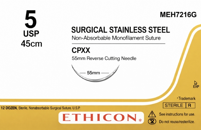 Ethicon Surgical Stainless Steel Non-Absorbable Suture – USP 5 – 45cm – Silver – CPXX 55mm Reverse Cutting Needle – MEH7216G (Box of 12)