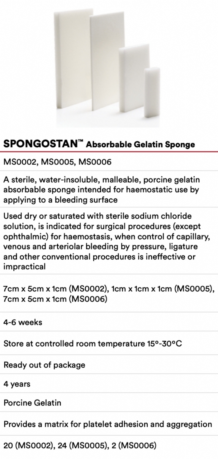 Ethicon SPONGOSTAN™ STANDARD Absorbable Gelatin Hemostatic Sponge – MS0002