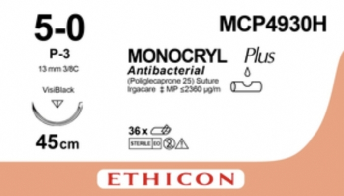 Ethicon MONOCRYL™ PLUS Antibacterial Undyed Absorbable Monofilament Suture 45cm USP 5-0 – MCP4930H – Box of 36