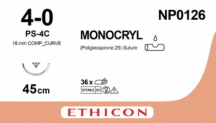 Ethicon MONOCRYL Poliglecaprone 25 Absorbable Monofilament Surgical Suture – USP 4-0 – 45 cm – Undyed – Single-Armed Reverse Cutting Needle – NP0126 (Box of 12)
