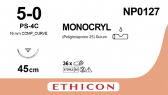 Ethicon MONOCRYL Poliglecaprone 25 Absorbable Monofilament Surgical Suture – USP 5-0 – 45 cm – Undyed – Single-Armed Reverse Cutting Needle – NP0127 (Box of 12)