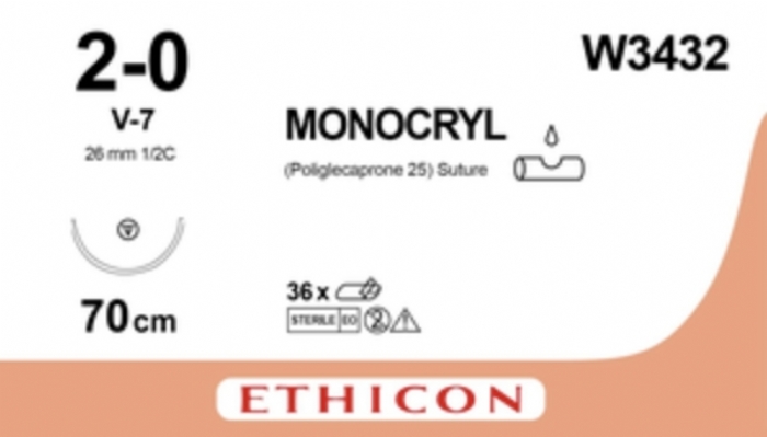 Ethicon MONOCRYL Poliglecaprone 25 Absorbable Monofilament Surgical Suture – USP 2-0 – 70 cm – Undyed – Single-Armed Taper Point Needle – W3432 (Box of 12)