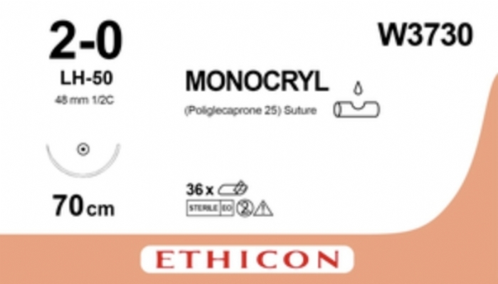 Ethicon MONOCRYL Poliglecaprone 25 Absorbable Monofilament Surgical Suture – USP 2-0 – 70 cm – Violet – Single-Armed Taper Point Needle – W3730 (Box of 12)