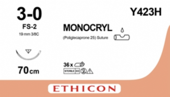 Ethicon MONOCRYL Poliglecaprone 25 Absorbable Monofilament Surgical Suture – USP 3-0 – Undyed – Single-Armed Taper Point Needle – Y423H (Box of 36)