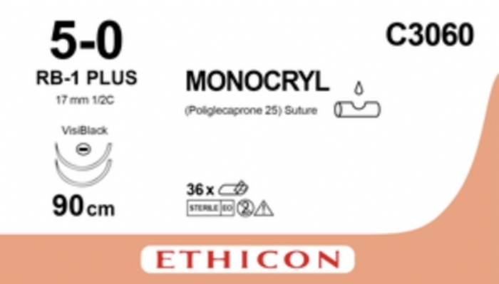 Ethicon MONOCRYL Poliglecaprone 25 Absorbable Monofilament Surgical Suture – USP 5-0 – 90 cm – Violet – Single-Armed Taperpoint Needle – C3060 (Box of 36)