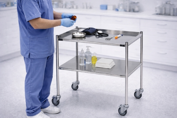 Surgical Trolley 2 Removable Reversible Folded Stainless Steel Shelves