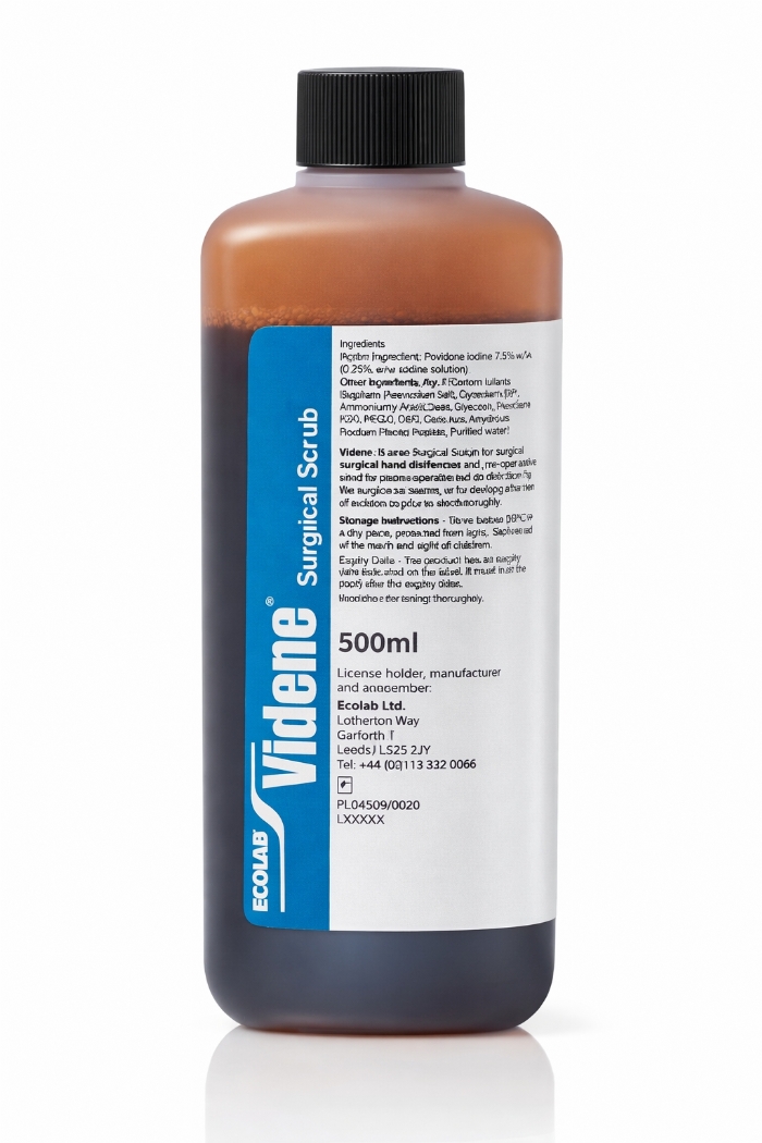 Videne Surgical Scrub 500ml – Povidone Iodine Antiseptic Skin Cleanser – Case of 12