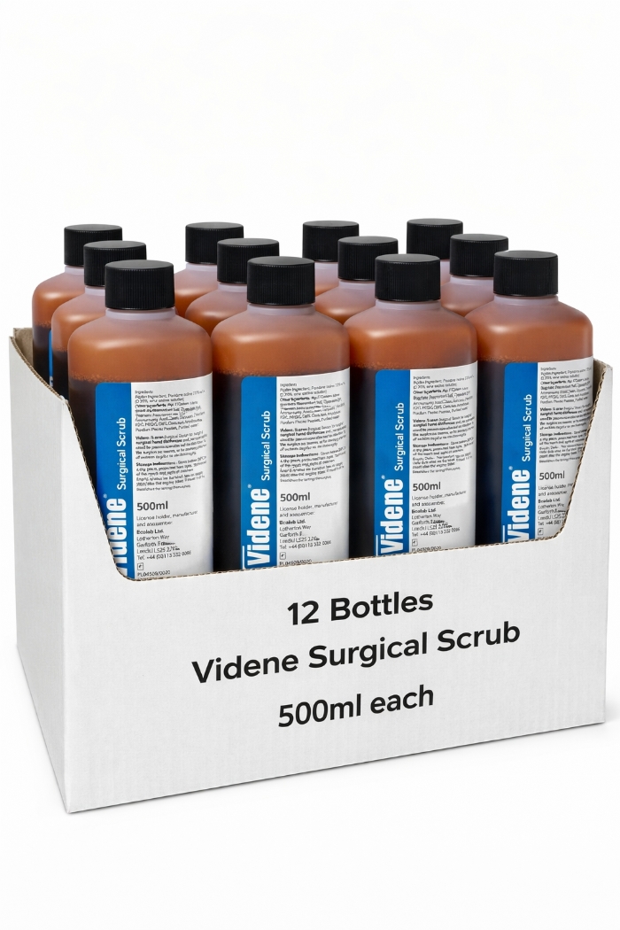 Videne Surgical Scrub 500ml – Povidone Iodine Antiseptic Skin Cleanser – Case of 12