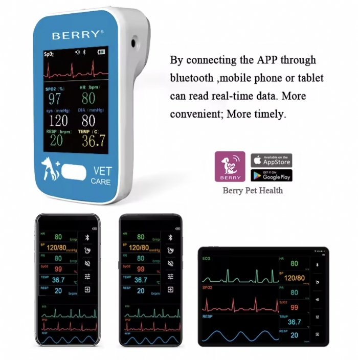 Berry AM6100 Veterinary Patient Monitor – 6 Parameter Animal Vital Signs Monitor – SpO2, ECG, NIBP, Temp, Respiration – Bluetooth Portable Vet Monitor