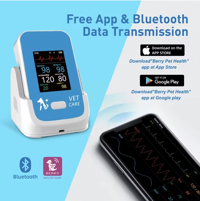 Berry AM6100 Veterinary Patient Monitor – 6 Parameter Animal Vital Signs Monitor – SpO2, ECG, NIBP, Temp, Respiration – Bluetooth Portable Vet Monitor