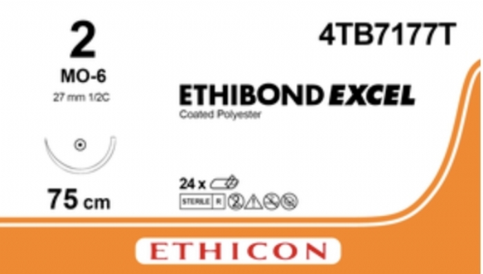 Ethicon ETHIBOND™ EXCEL Polyester Suture – Non-Absorbable Braided – USP 2 – 75cm (30”) – Green/White – MO-6 Taper Point Needle – Double Armed – 4TB7177T (Box of 24)