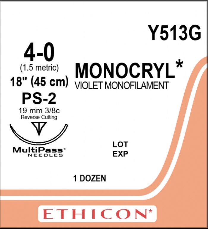 Ethicon MONOCRYL® Poliglecaprone 25 Suture – Absorbable Monofilament – USP 4-0 – 45cm (18”) – Violet – PS-2 Reverse Cutting Needle – Single Armed – Y513G (Box of 12)