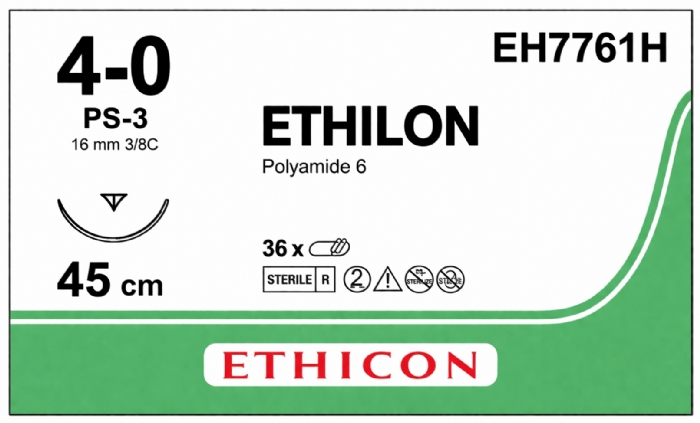 Ethicon ETHILON™ Black Monofilament Non-Absorbable Surgical Suture – USP 4-0 – 18 in (45 cm) – Black – PS-3 Prime Reverse Cutting Needle 13 mm – 3/8 Circle – EH7761H (Box of 36)