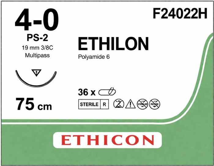 Ethicon ETHILON™ Black Monofilament Non-Absorbable Surgical Suture – USP 4-0 – 30 in (75 cm) – Black – PS-2 Prime Reverse Cutting Needle 19 mm – 3/8 Circle – F24022H (Box of 36)