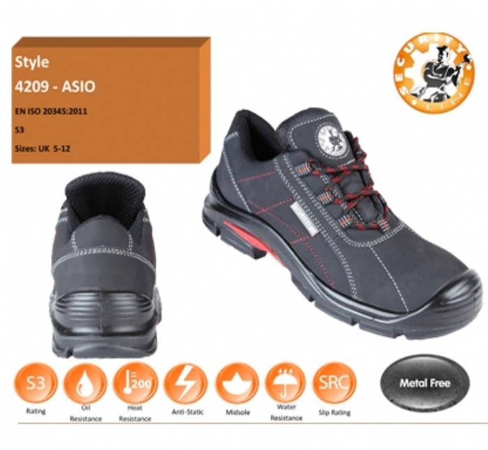 SECURITYLINE 4209  ASIO Black Metal Free Safety Shoe with Red Stich